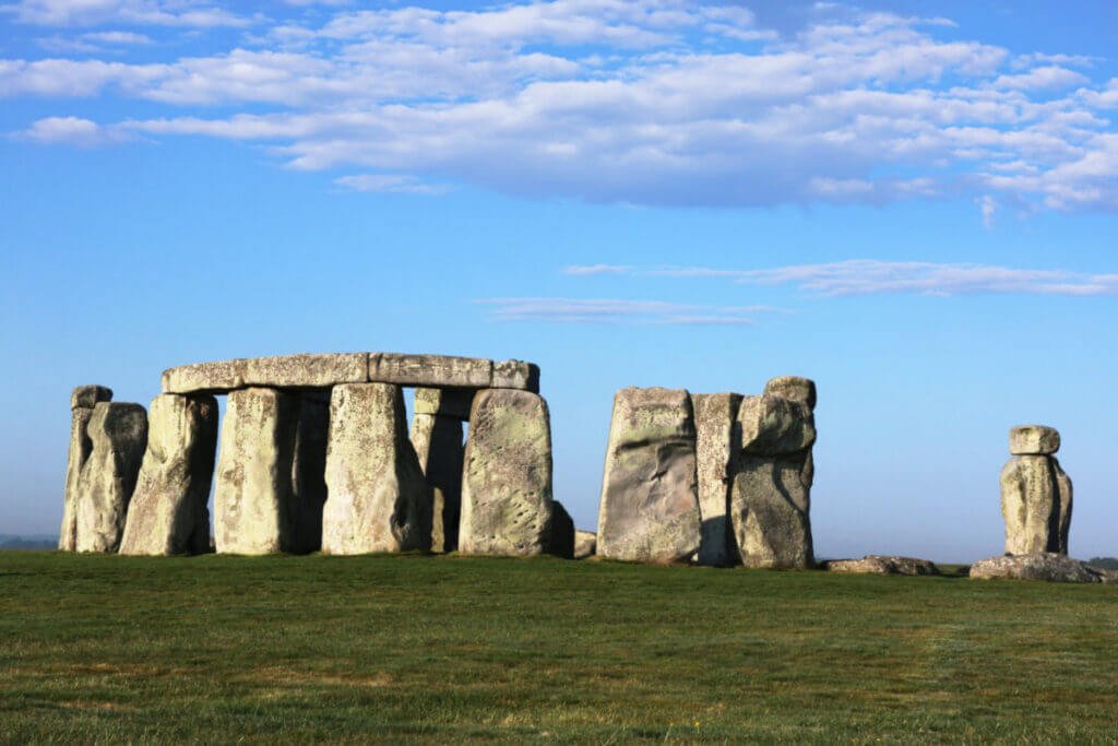 A wide-angle view of the ancient monument Stonehenge on the Salisbury Plain in Wiltshire.