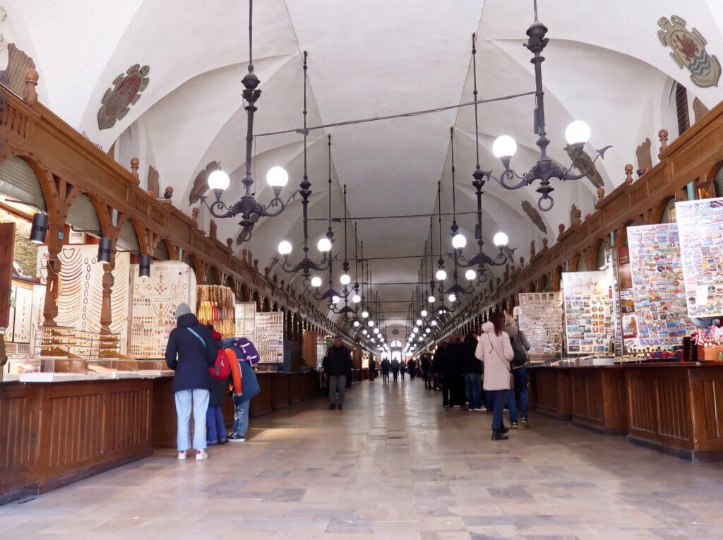 Krakow Cloth Hall interior central market street with wooden stalls